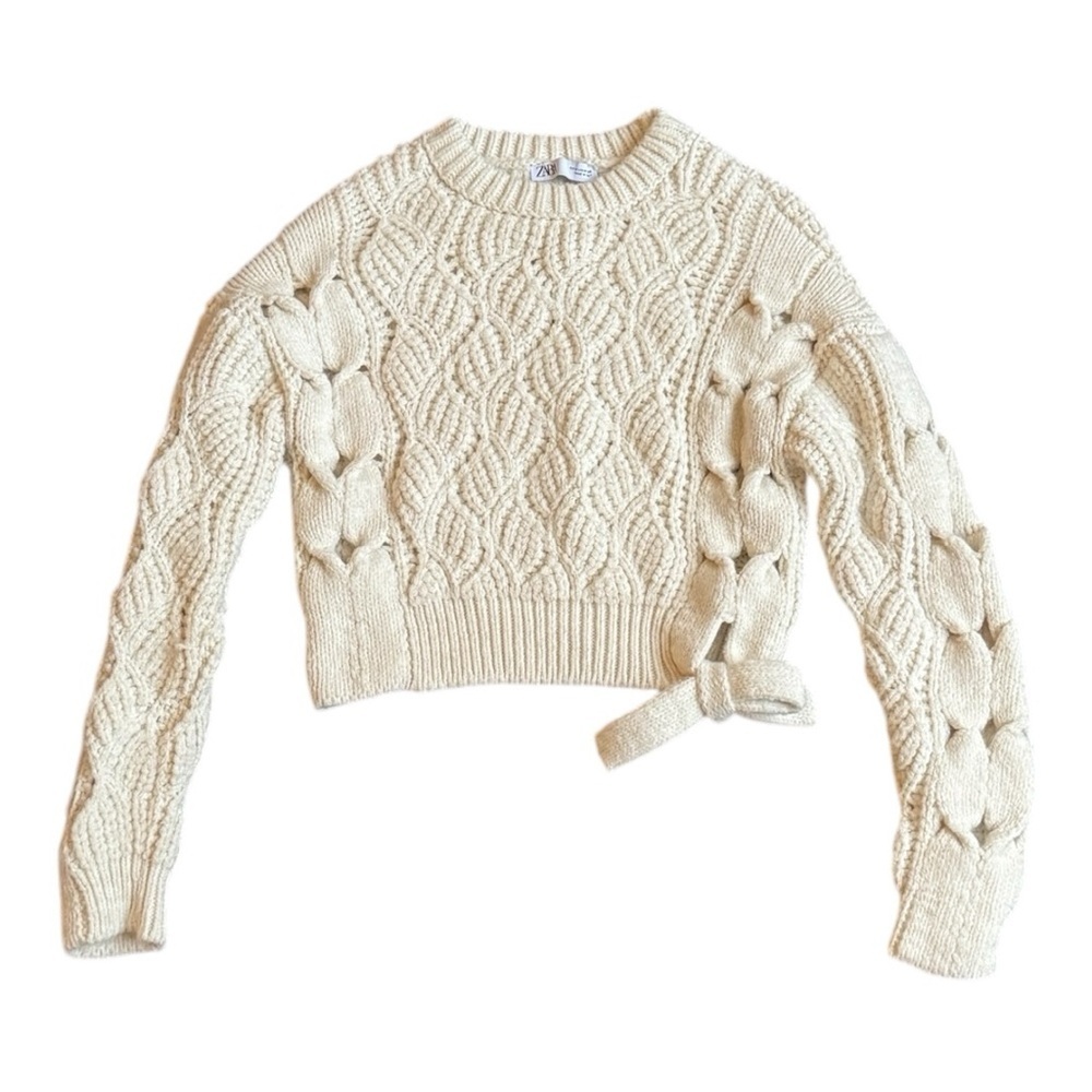 ZARA Cable Knit Tie Sweater Chunky‎ Preppy Cream Ivory Size M Casual Bow Soft - Picture 7 of 13